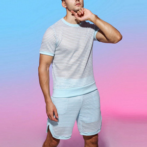 Ensemble de survêtement décontracté pour homme à manches courtes rayé 100% polyester respirant léger à séchage rapide / Survêtements d'été - Product Image 4