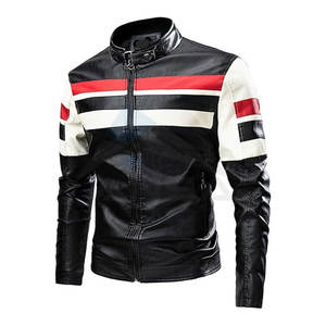 Veste en cuir pour homme à col montant, style motard, blocs de couleur, fermeture éclair intégrale, pour l'automne et l'hiver, noir, blanc et rouge - Product Image 1
