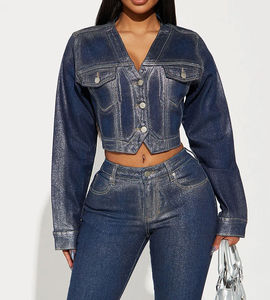 Veste en jean décontractée pour femmes, taille plus, manches longues, boutonnée, col rabattu, décoration, teinte, saison hivernale - Product Image 2