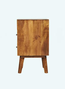 Mesita de noche de madera de mango tallado bohemio con dos cajones y estante abierto para sala de estar de apartamento - Product Image 4
