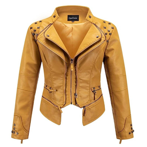 Mujer Rhinestone Brando Biker Rock Punk tachonado Spike negro motocicleta chaqueta de cuero de vaca cuero genuino Mujer - Product Image 4