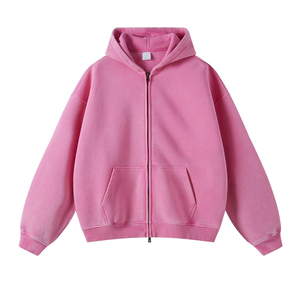 Couleur rose fermeture éclair manches longues hommes pull à capuche personnalisé poids lourd 500 600 Gsm en détresse lavé Vintage hommes sweat à capuche en coton - Product Image 1