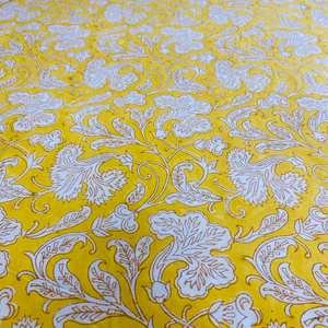 Hot Selling Luxury Indian Floral Hand Block Printed 100% Cotton Fabric Saffron Yellow and White for Women's Clothing Curtains - Product Image 6