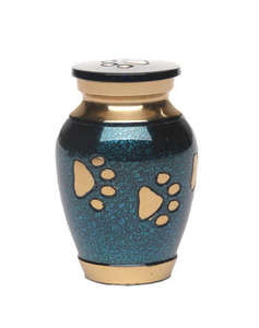 Teal and Gold Metal Pet Cremation Urn with Elegant Paw Print Accents for Small <b>Dog</b> and Cat <b>Memorial</b> - Product Image 1
