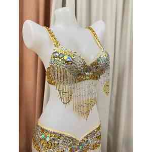 Conjunto de bragas y sujetador de red de diseño personalizado Traje de danza del vientre de cuentas Era dorada con calidad de exportación - Product Image 6