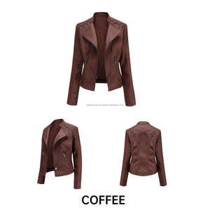 Café fermeture éclair Moto Biker Style ajusté matelassé point cuir femmes vestes avec dentelle Accents poches zippées élégant automne vêtements d'extérieur - Product Image 5