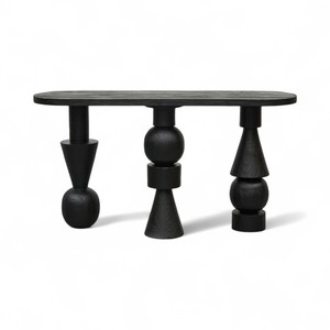 Black Wooden Console <b>Stand</b> 3 Pedestal Legs Curved Oval Top Reclaimed Teak Wood Elegant Interior Hotel Furniture for Villa Entry - Product Image 2