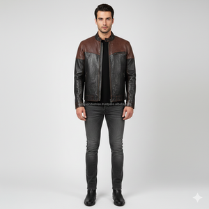 Blouson en cuir véritable et toile marron et noir vintage pour homme, col montant, style motard, décontracté, streetwear, hiver, vente en gros sur mesure - Product Image 2