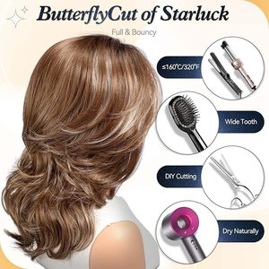 Myra-DWY 133 Glueless Synthetic <b>Wig</b> Light <b>Brown</b> Lace Front Free Part with <b>Brown</b> and Highlight Tones Mid-Length - Product Image 5