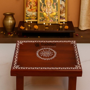 Tradebyd ไม้เนื้อแข็ง Chowki ที่ทำด้วยมือสำหรับสวดมนต์ Mandir ตกแต่งบ้านจิตวิญญาณ - Product Image 1