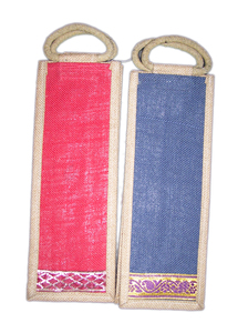 Reusable 2-6 Bottle Jute Fabric Wine Bottle <b>Bag</b> with Handle Geometric Pattern Medium Size ZARI Border-Lowellcraft - Product Image 2