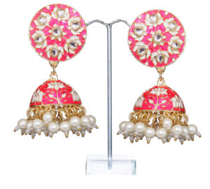 Pendientes Jhumka Tradicionales de Fusión Étnica con Flores, Cuentas de Cristal y Pedrería, Base de Aleación Pintada a Mano con Baño de Cobre Antiguo - Product Image 2