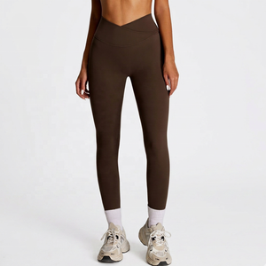 High Waist Cross Waist Yoga <b>Leggings</b> Full Length Solid <b>Brown</b> Spandex/Nylon Four-Way Stretch Elastic Waist Breathable Plus Size - Product Image 5