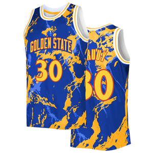 Camiseta de baloncesto para hombre, camiseta de baloncesto cosida bordada con estampado de grafiti azul y amarillo, marco de camiseta de baloncesto personalizable - Product Image 1