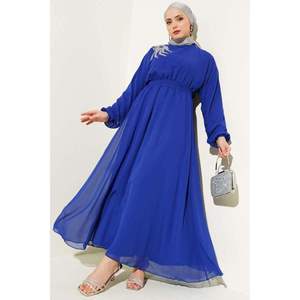 Stone Collar Belted <b>Chiffon</b> Modest <b>Dress</b> in Saxe - Product Image 2