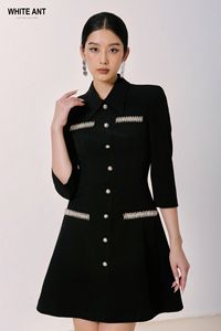 Vestidos elegantes de manga larga para mujer Vestidos casuales acampanados con botones frontales VEVEL ALINE DRESS 85% Poliéster 15% Spandex Vietnam - Product Image 4