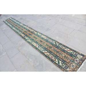 Tapis turc 1,7 x 13,9 pieds, tapis de couloir vintage, tapis persan vert bleu - Product Image 2