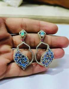 925 Sterling Silver Fine <b>Studs</b> <b>Earrings</b> Natural Diamond with Tanzanite and <b>Opal</b> Gemstone Diamond <b>Earrings</b> - Product Image 1