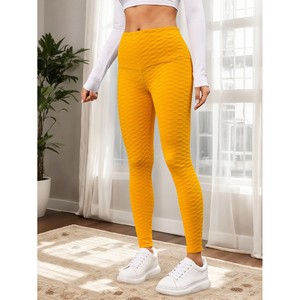 LJ Women's H019-<b>Yellow</b> High Waist Textured Leggings Comfortable Stretch Fitness <b>Tights</b> Nylon/Spandex Solid Color Yoga China - Product Image 3