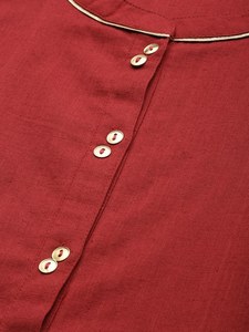 Conjunto de Kurta de Verano 2024 para Mujer, Color Rojo Sólido, Algodón Puro, Elegante, Manga Larga, Cuello Mandarín, con Adorno Zari - Product Image 6