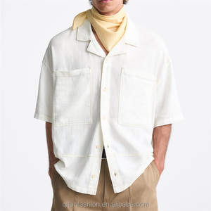 Wholesale Custom Contrast Top Stitching Patch Pockets Mandarin Collar Double Breasted Short Sleeves <b>Linen</b> <b>Cotton</b> Anti-Wrinkle - Product Image 5