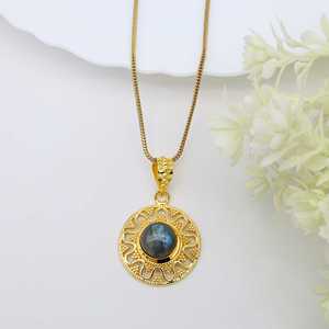 Handmade Design Gold Pendant Necklace Tribal Brass Jewelry Women 18k Gold Plated Celestial Sun Labradorite Boho Choker Wholesale - Product Image 4