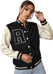 Women's Baseball Bomber Casual Retro Varsity Jacket Single Breasted <b>Distressed</b> Button Down Outerwear Hipster Chenille Jackets - Product Image 3