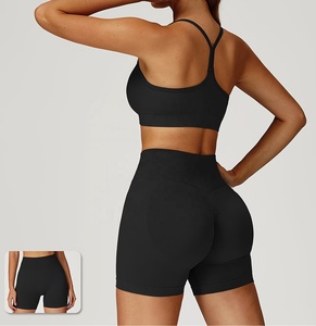 Conjunto de gimnasio sin logo: Top con tirantes, chaleco de entrenamiento, shorts fruncidos, traje deportivo halter, ropa de fitness, top corto racerback - Product Image 5