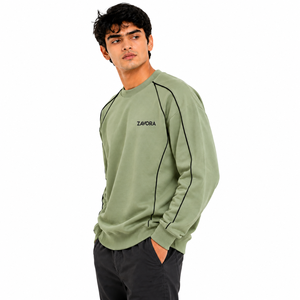 Sweat-shirt homme col ras du cou raglan vert olive hiver, coupe oversize, passepoil noir, 100% coton, logo personnalisé, pull, commande en gros - Product Image 3