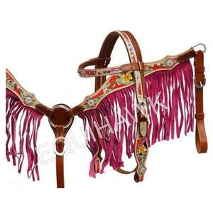 Headstall et cuirasse en cuir occidental de qualité supérieure avec boucles Sier et franges Design fantaisie pour l'équitation et la course - Product Image 1