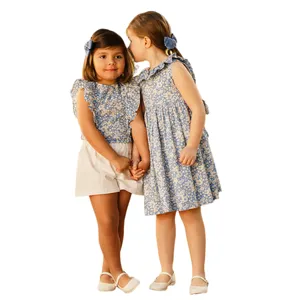 Guangzhou Brand Little Girls' Summer Dresses Floral Pattern Short Sleeve Blouses Children's Matching Dresses Baby Girl Sisters