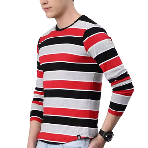 2025เสื้อยืดแขนยาวลายทางสีดำและแดงสำหรับผู้ชาย, เสื้อถักผ้าฝ้าย100% คุณภาพสูง - Product Image 5