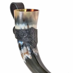 Haute qualité véritable indien Viking corne à boire Antique sculpté corne de buffle support en cuir poli pour Halloween Graduation - Product Image 6