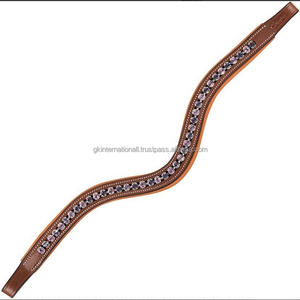 High Quality Premium Tan Leather Empty Channel Horse Brow Band Full Padded Decorate with Diamond Bling <b>Crystal</b> & Full <b>Stitching</b> - Product Image 6