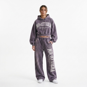 Conjunto de Sudadera Corta Morada Lavada y Pantalones Jogger de Pierna Ancha para Mujer, de Algodón y Felpa, Estilo Urbano, Venta al por Mayor OEM - Product Image 1