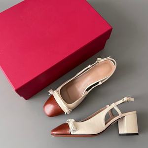 Sandalias de tacón bajo con correa trasera y hebilla metálica para mujer, diseño patchwork, punta redonda y lazo frontal, estilo slingback, ¡las más vendidas! - Product Image 1