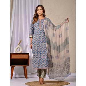 Conjunto de Kurta y Pantalón de Algodón con Estampado Blue Butta Block, Estilo Étnico Pakistaní-Indio, Ropa de Fiesta para Niñas, Bordado y Redecilla Cosida - Product Image 4