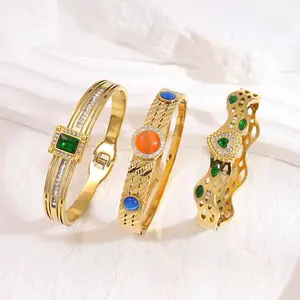 Fashion Stainless Steel Jewelry Bracelets Bangles Wholesale Colorful Gemstone 18K Gold Plated Chunky Opal Stone Bangles