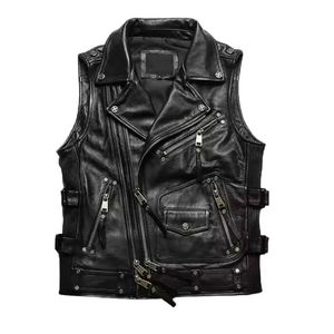 Gilet en cuir de vachette véritable pour hommes Production OEM Classic Biker Fit Marque personnalisée et marque privée en gros - Product Image 4