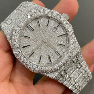Fully Iced Moissanite Diamond Luxury Watch Silver Stainless Steel Pave Dial Date Quartz Wristwatch Wholesale - Product Image 1