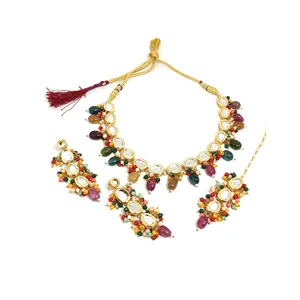 Ensemble de collier Kundan avec perles multicolores, bijoux vintage bohèmes de luxe, plaqué or, bijoux de mariage, pierres en zircon - Product Image 3