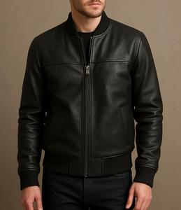 <b>Mens</b> Brown Genuine Leather Bomber <b>Jacket</b> Ribbed Collar and Cuffs Full Zip OEM/ODM Available - Product Image 2