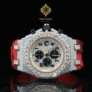 Montre mécanique de luxe pour homme bicolore, demi-sertie de diamants en moissanite, bracelet en caoutchouc rouge et noir, cadran avec date, style hip-hop - Product Image 1