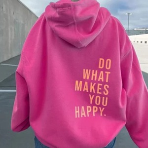 Sudadera Holgada de Forro Polar para Mujer, Moda Otoño Invierno, Sudadera con Capucha Cálida y Suave, Estampado de Letras 'Do Makes You Happy' en la Parte Delantera y Trasera - Product Image 1