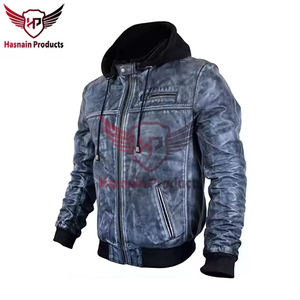 Chaqueta Bomber de Cuero Genuino Azul para Hombre, Abrigo de Piel de Vacuno con Lavado Desgastado, Cuello Alto, Ribete de Punto Acanalado, Clásica Personalizada, Cálida para Invierno - Product Image 6