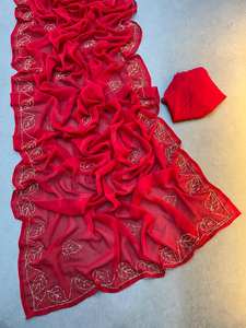 Pure Organza <b>Silk</b> Saree with <b>Thread</b> Zari Sequins Work Indian Style Long Blouse Piece for Women for Winter Weddings & Parties - Product Image 5