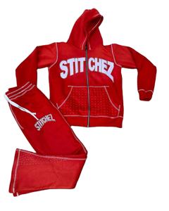 Chándales de lana apilados rojos personalizados de alta calidad para hombre, ropa de calle informal, conjunto de pantalones con capucha y cremallera en contraste, desteñido desgastado - Product Image 1