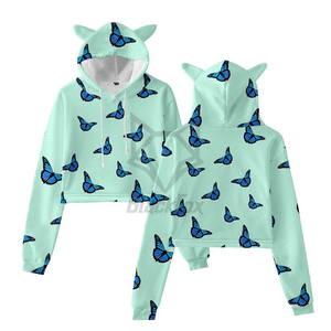 Women's Cropped Hoodie With <b>Cat</b> Ears Butterfly Print Yellow Casual Spring Sweatshirt - Product Image 4