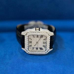 Elegante medio Iced Roman Dial Moissanite Diamond Watch Lujo Hip Hop Style Premium Black Leather Band Relojes mecánicos - Product Image 5