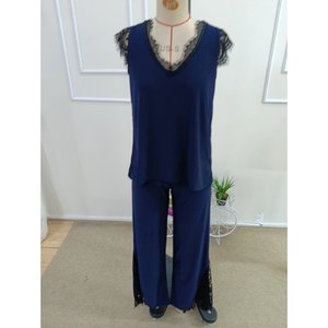 Conjunto de dos piezas de blusa y pantalón de encaje con cuello en V y manga corta para mujer, 35200 - Azul marino - Product Image 4